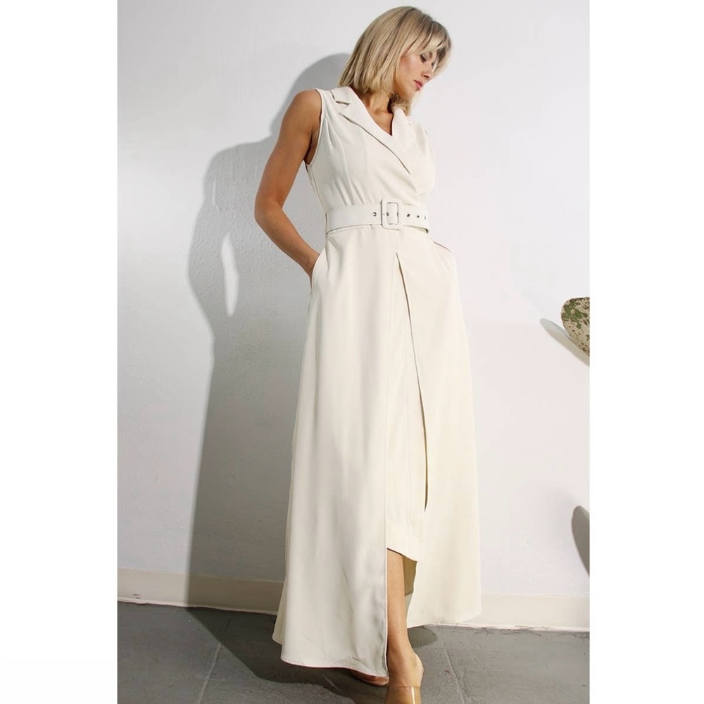 NWT Boutique Lyla Pleated Belted Maxi Evening Dress – Cream White - Picture 3 of 15